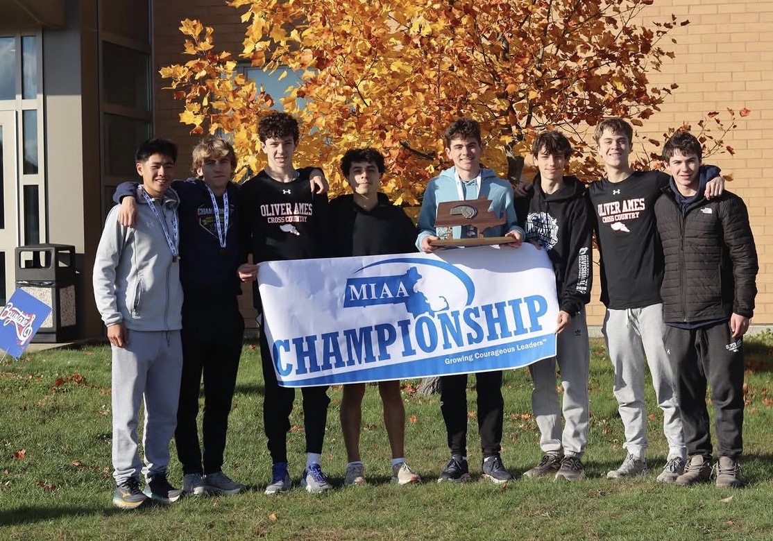 Oliver Ames boys cross country team after winning the Division 1C meet in 2025